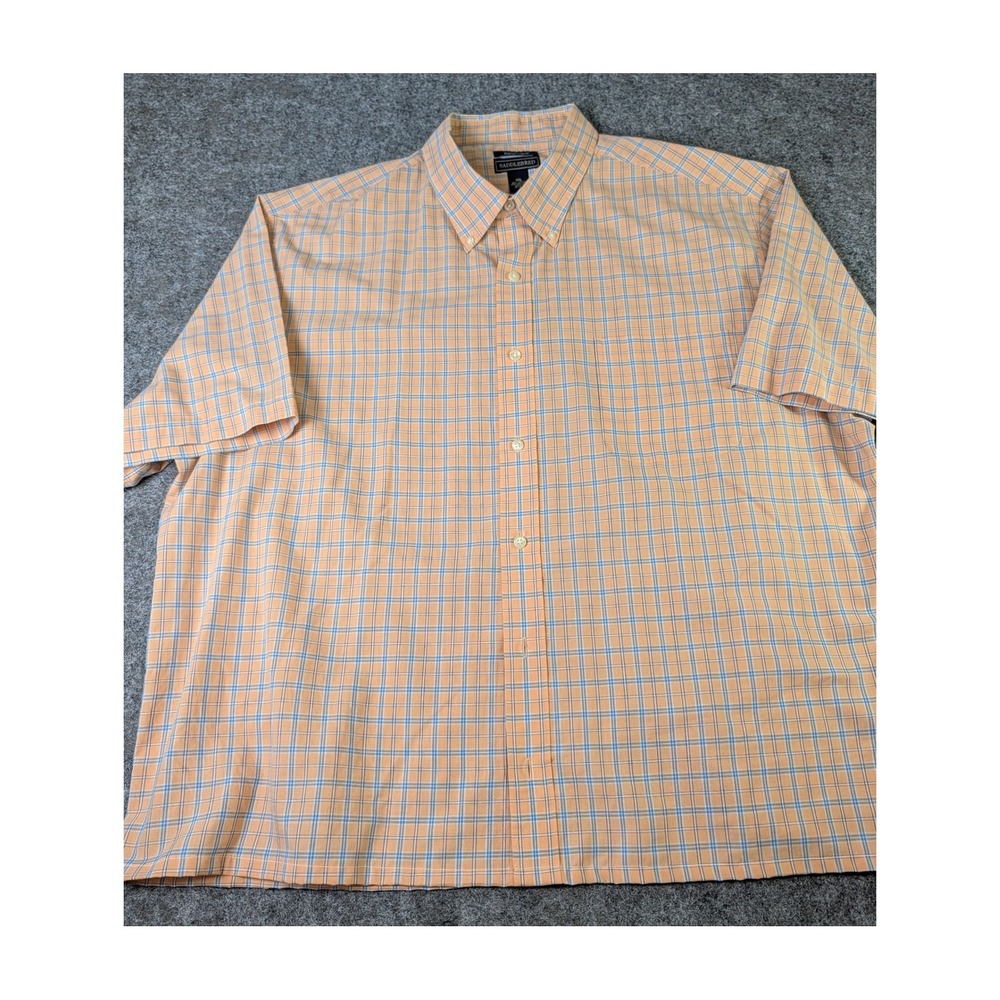 Saddlebred Mens XXL Easy Care Short Sleeve Button Down Shirt Orange Blue Plaid